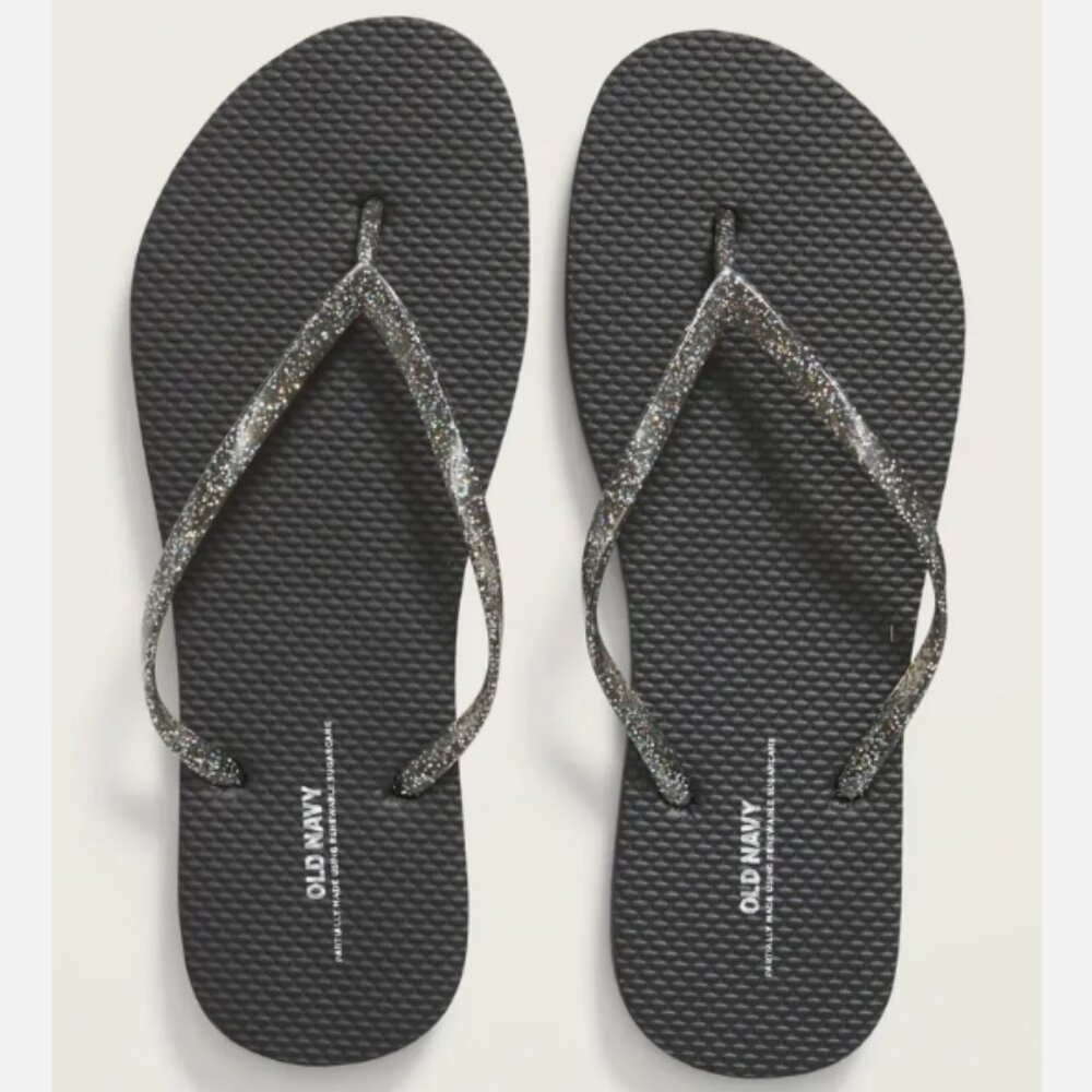 NWT Old Navy Flip Flops Sparkly Top Black Glitter Beach Thong Sandals for Women